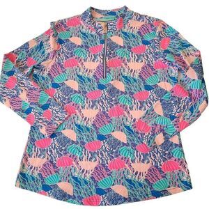 Anthonys Resort Wear Womens Quarter Zip Top Tropical Sea Life Blue Pink Small